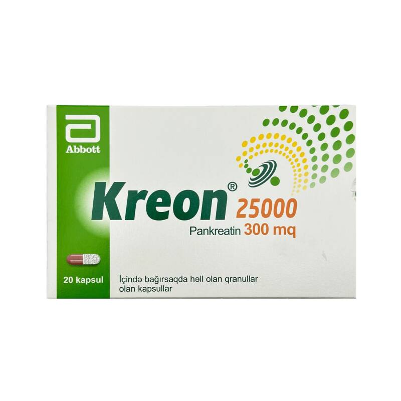Kreon 25000 IU N20 cap — hezm fermenti pankreatin mede agrisi yeməkdən sonra agirlik